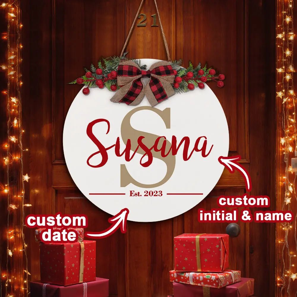 Customizable Christmas Wood Door Hanger with Family Name & Date - Customizable Love