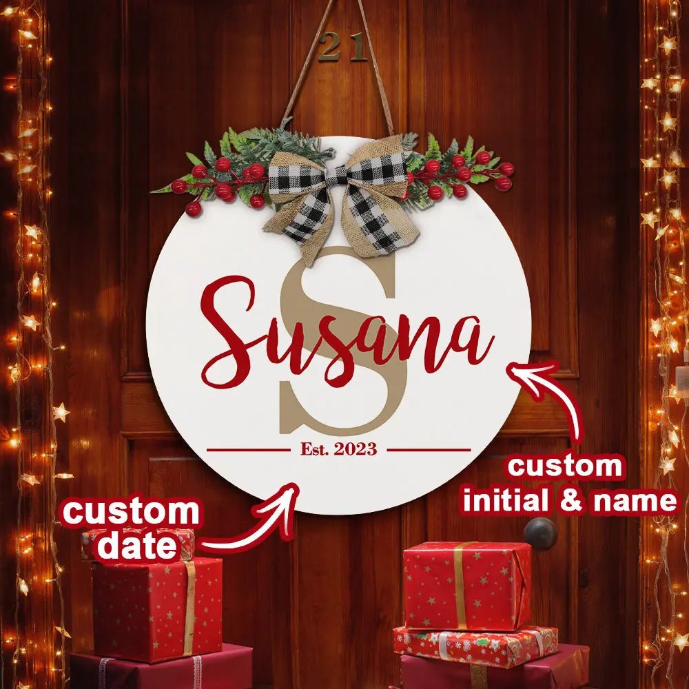 Customizable Christmas Wood Door Hanger with Family Name & Date - Customizable Love