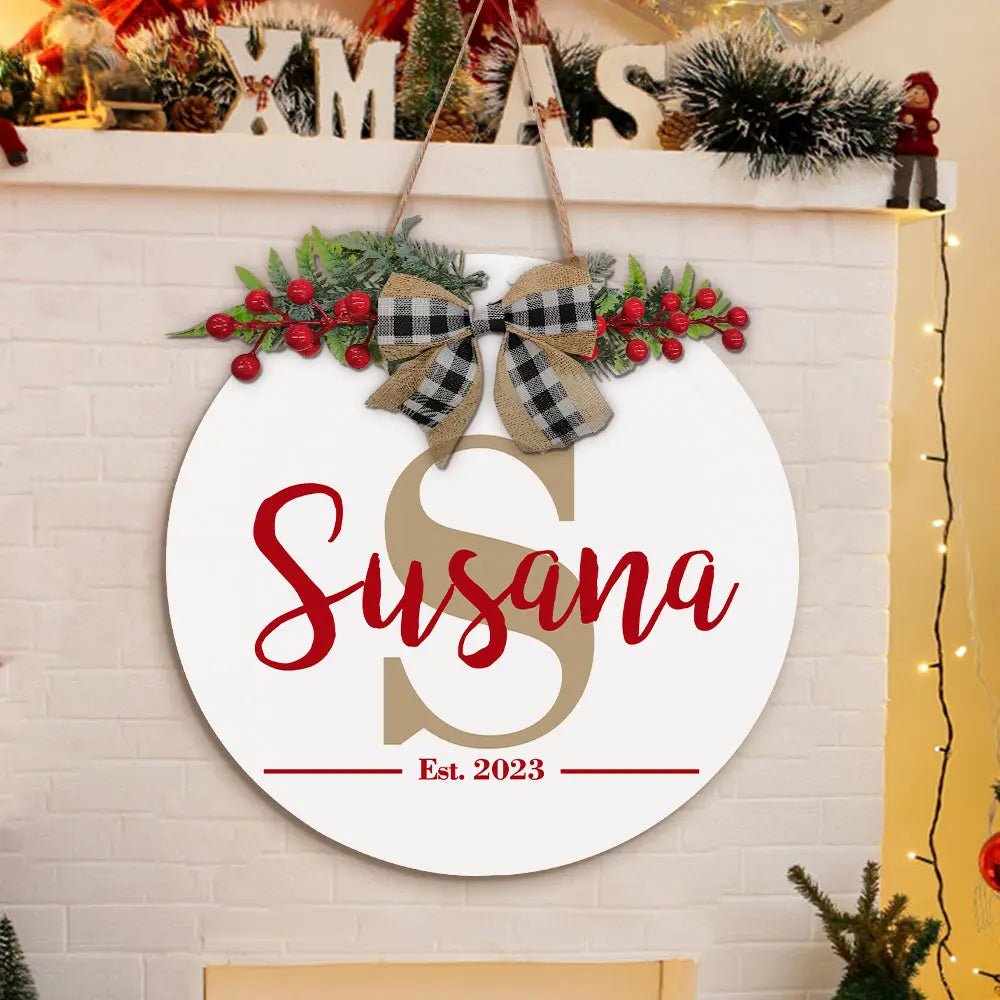 Customizable Christmas Wood Door Hanger with Family Name & Date - Customizable Love