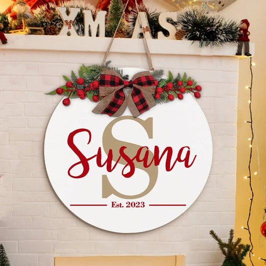 Customizable Christmas Wood Door Hanger with Family Name & Date - Customizable Love