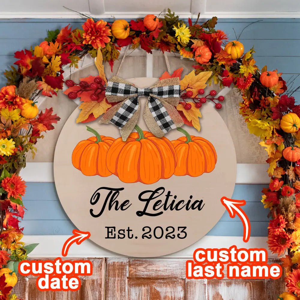 Customizable Fall Pumpkin Door Sign with Family Name & Date - Customizable Love