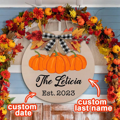 Customizable Fall Pumpkin Door Sign with Family Name & Date - Customizable Love