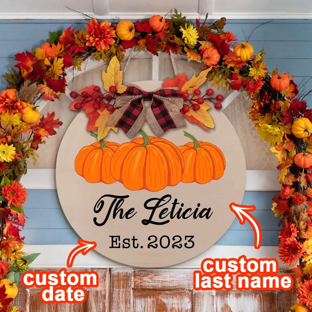 Customizable Fall Pumpkin Door Sign with Family Name & Date - Customizable Love