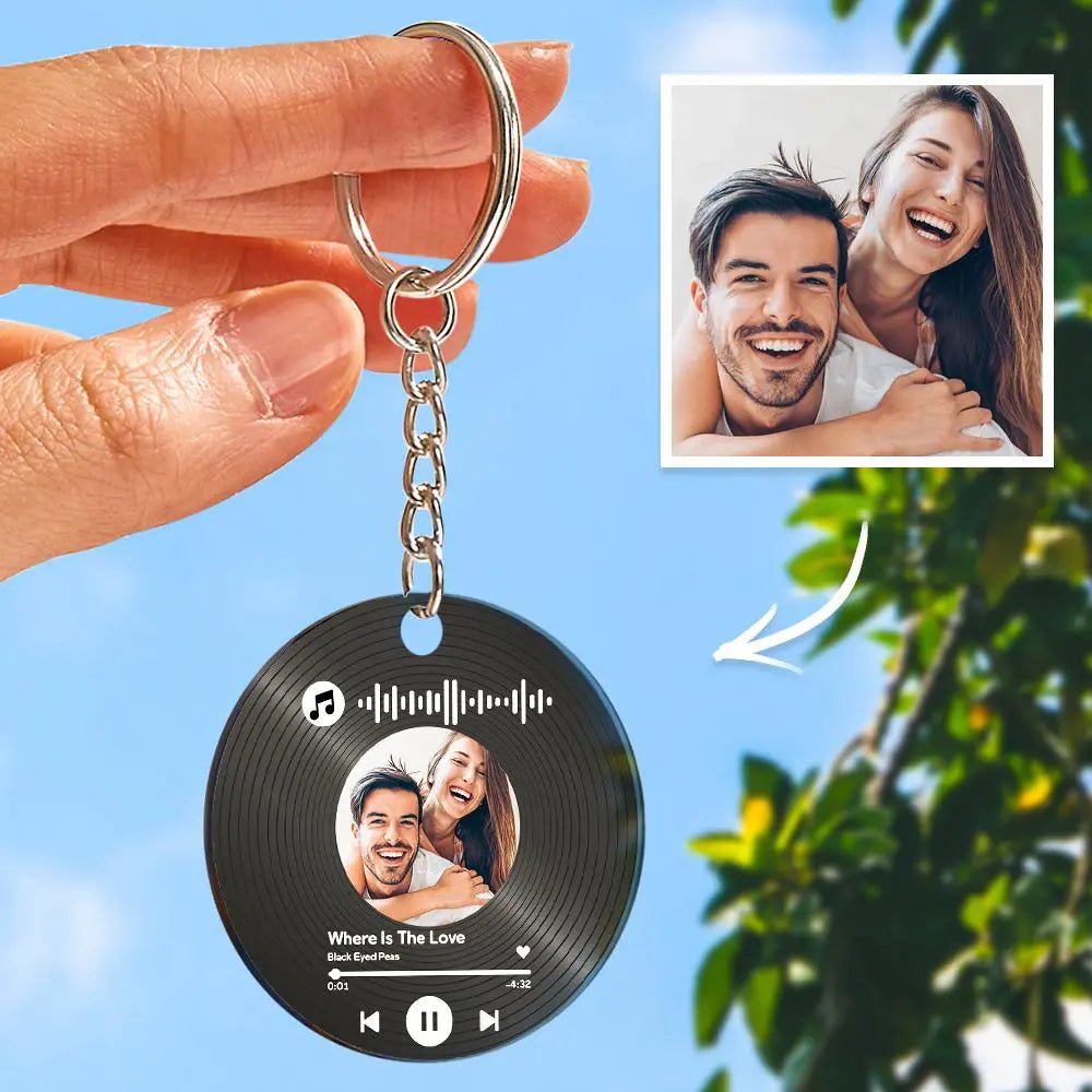 Customizable Record - Shaped Photo Music Keychain – Custom Song, Picture & Message Gift - Customizable Love