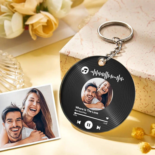 Customizable Record - Shaped Photo Music Keychain – Custom Song, Picture & Message Gift - Customizable Love